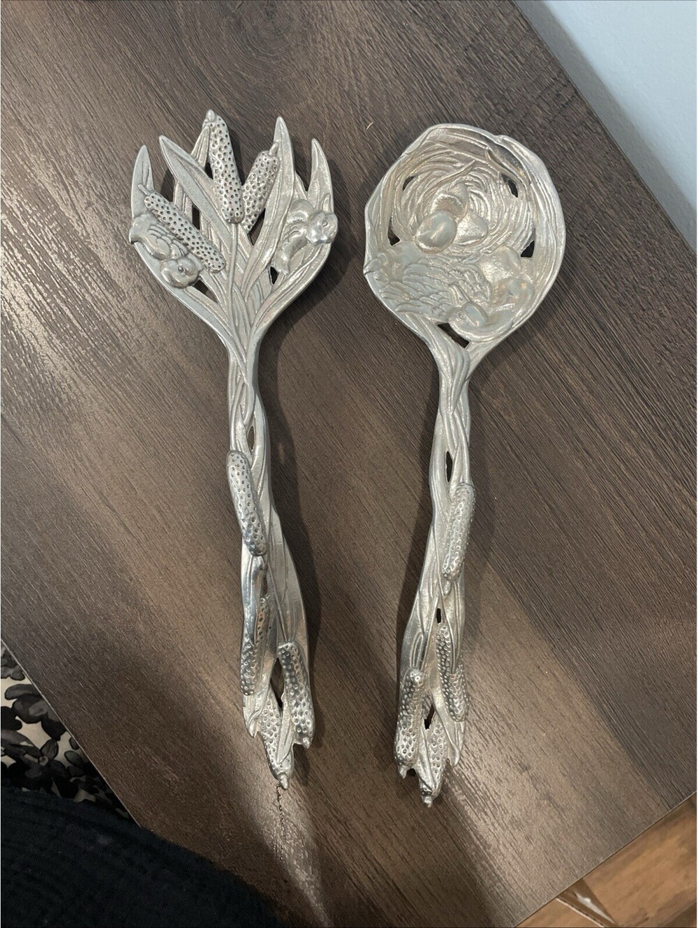 Vintage 1998 Arthur Court Bird Nest cattail Salad Fork & Spoon Set 11” Aluminum